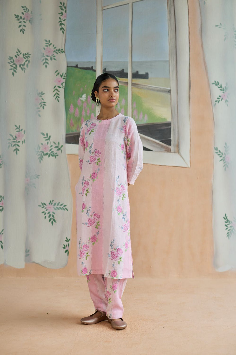Rose Haze Long Kurta Set Linen linen by Nadiya Paar in pink color for women Worldwide