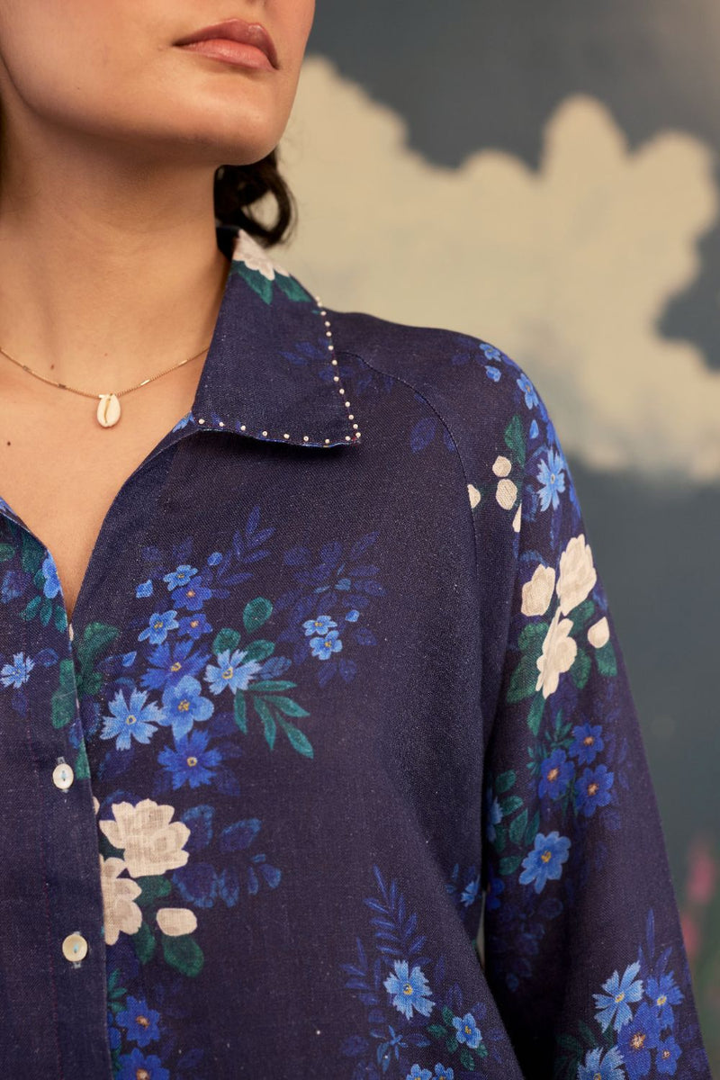 Blue Morning Glory Long Shirt Kurta Set Linen by Nadiya Paar in blue color for women Worldwide
