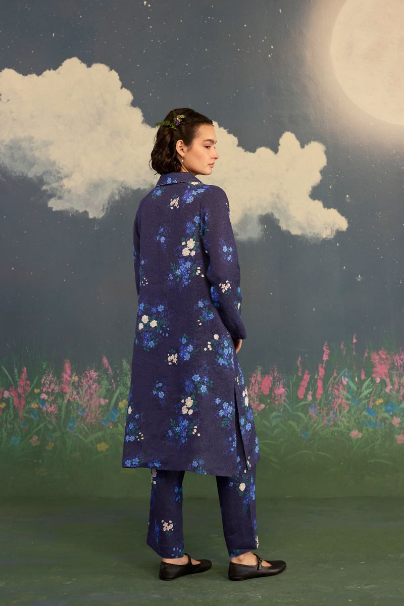 Blue Morning Glory Long Shirt Kurta Set Linen by Nadiya Paar in blue color for women Worldwide