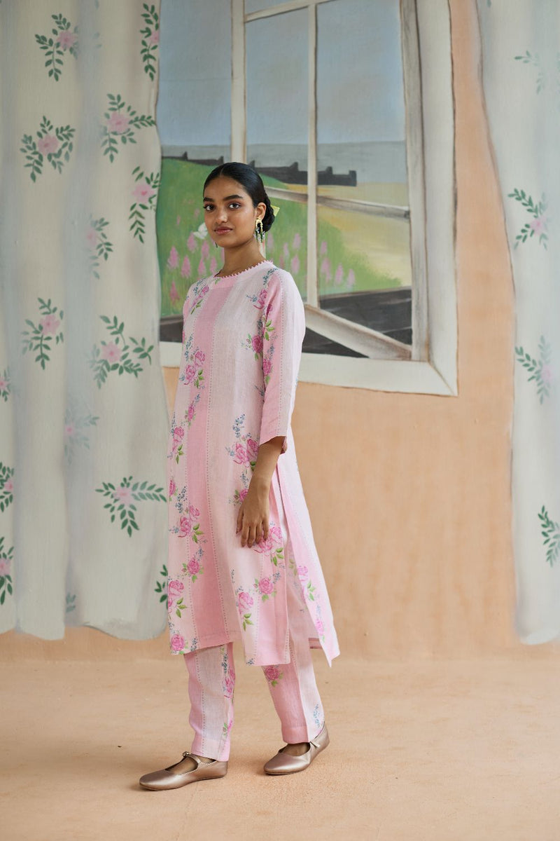Rose Haze Long Kurta Set Linen linen by Nadiya Paar in pink color for women Worldwide