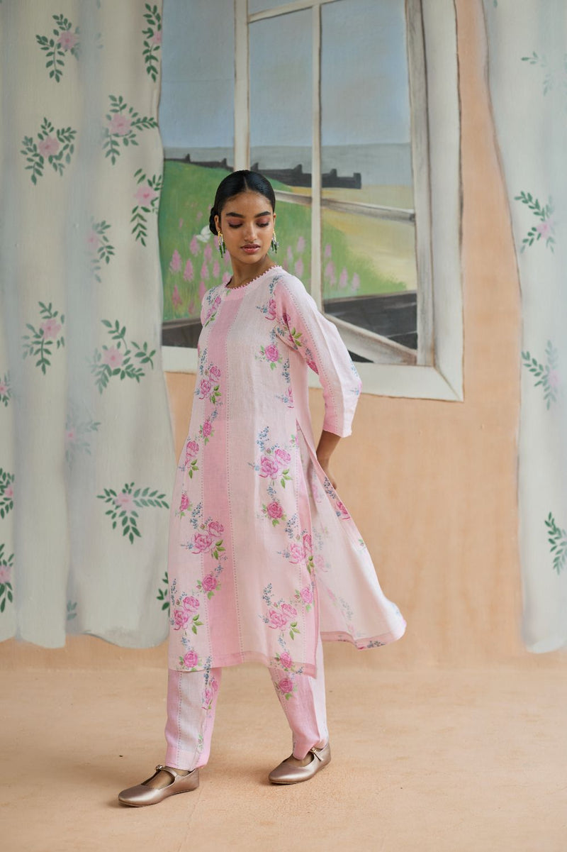 Rose Haze Long Kurta Set Linen linen by Nadiya Paar in pink color for women Worldwide