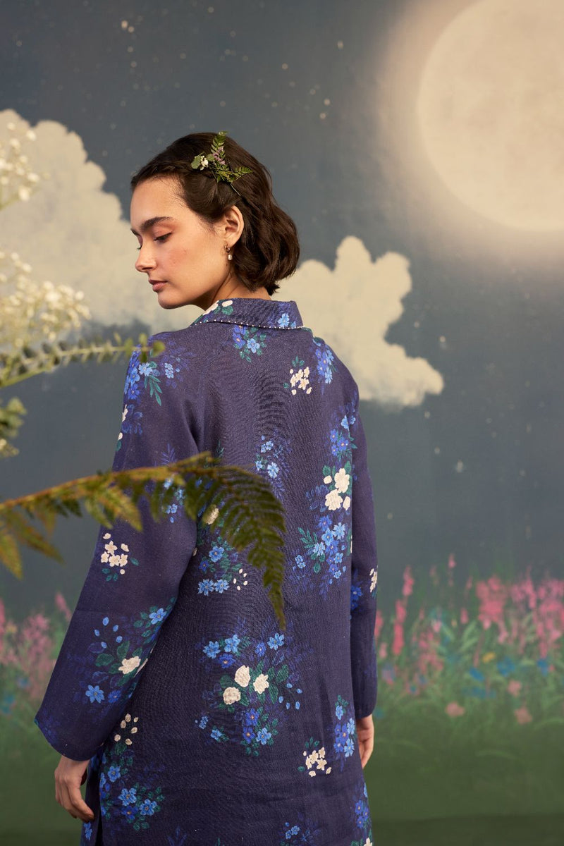 Blue Morning Glory Long Shirt Kurta Set Linen by Nadiya Paar in blue color for women Worldwide