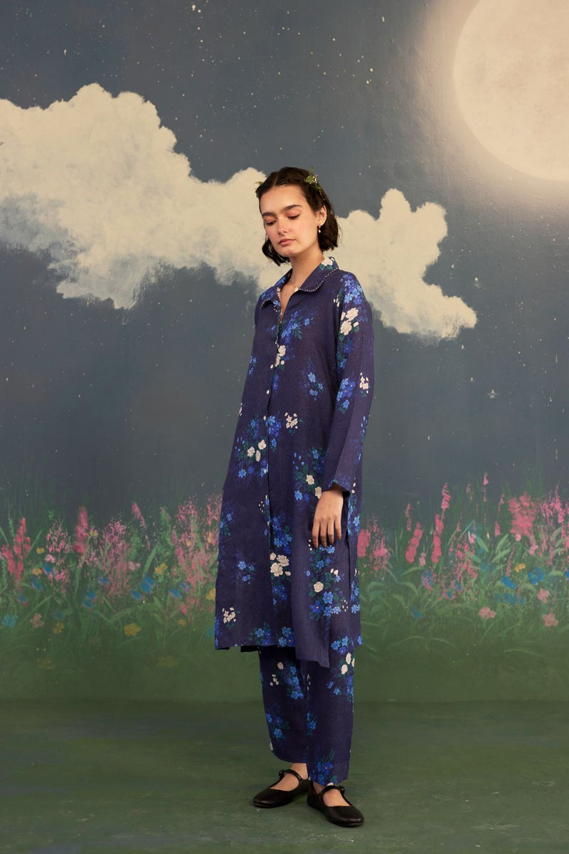 Blue Morning Glory Long Shirt Kurta Set Linen by Nadiya Paar in blue color for women Worldwide