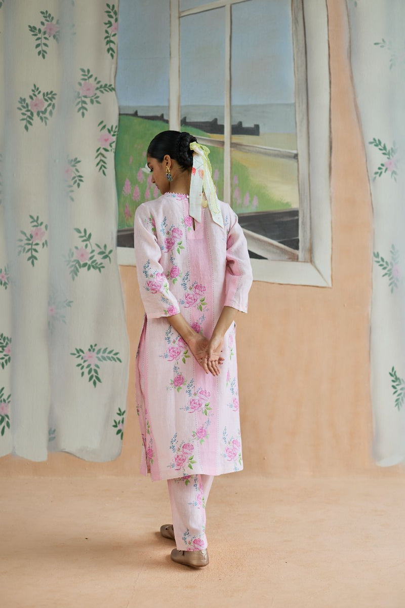 Rose Haze Long Kurta Set Linen linen by Nadiya Paar in pink color for women Worldwide