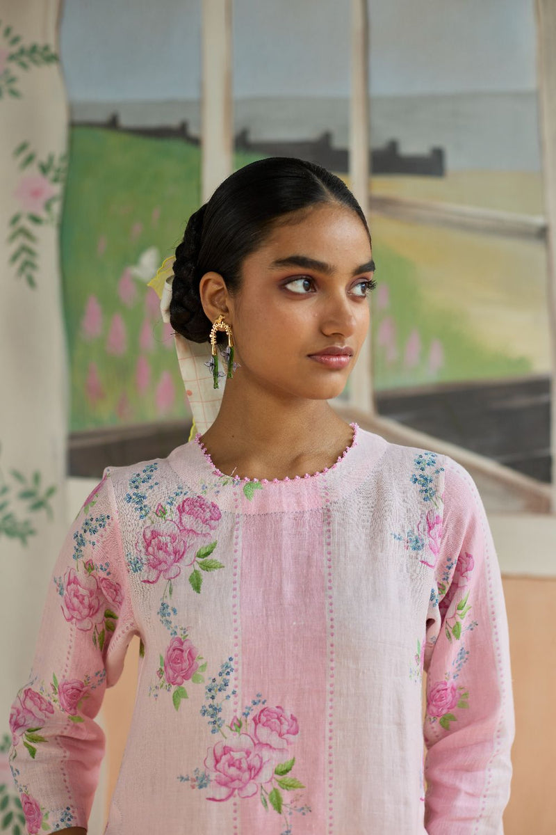 Rose Haze Long Kurta Set Linen linen by Nadiya Paar in pink color for women Worldwide