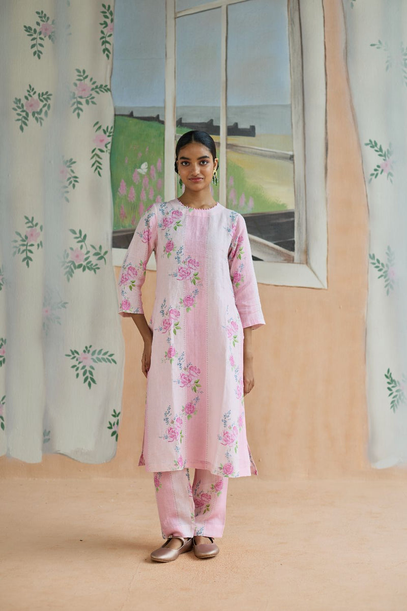 Rose Haze Long Kurta Set Linen linen by Nadiya Paar in pink color for women Worldwide