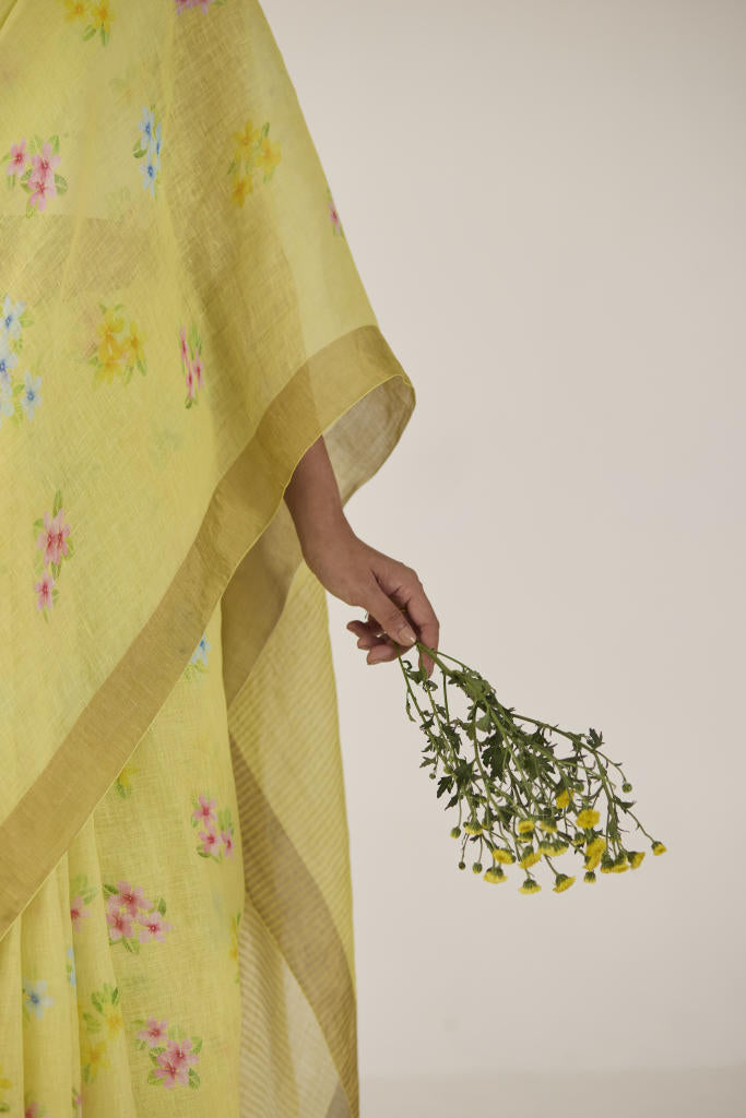 Periwinkle Linen Yellow Sari by Nadiya Paar in yellow color for women Worldwide