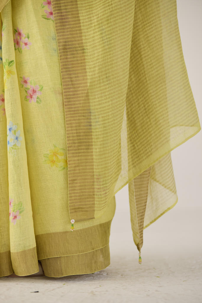 Periwinkle Linen Yellow Sari by Nadiya Paar in yellow color for women Worldwide