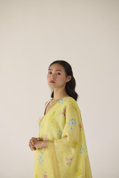 Periwinkle Linen Yellow Sari