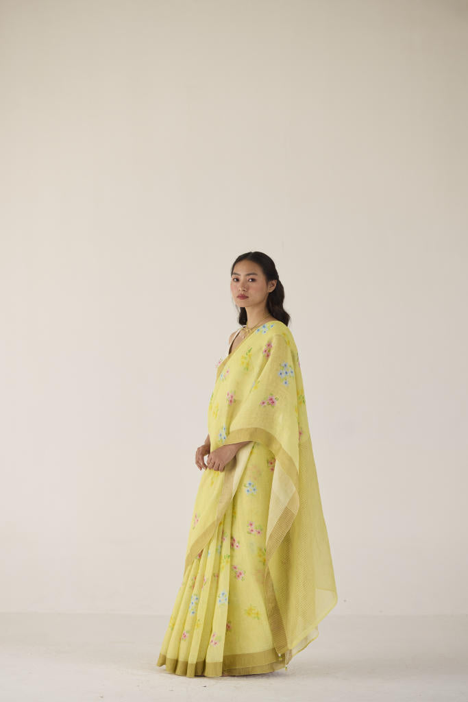 Periwinkle Linen Yellow Sari by Nadiya Paar in yellow color for women Worldwide