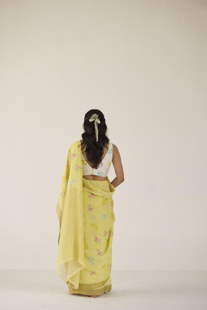 Periwinkle Linen Yellow Sari by Nadiya Paar in yellow color for women Worldwide