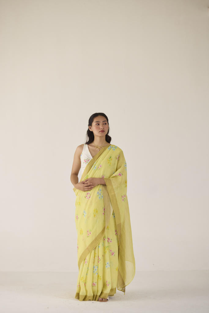 Periwinkle Linen Yellow Sari by Nadiya Paar in yellow color for women Worldwide
