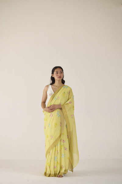 Periwinkle Linen Yellow Sari