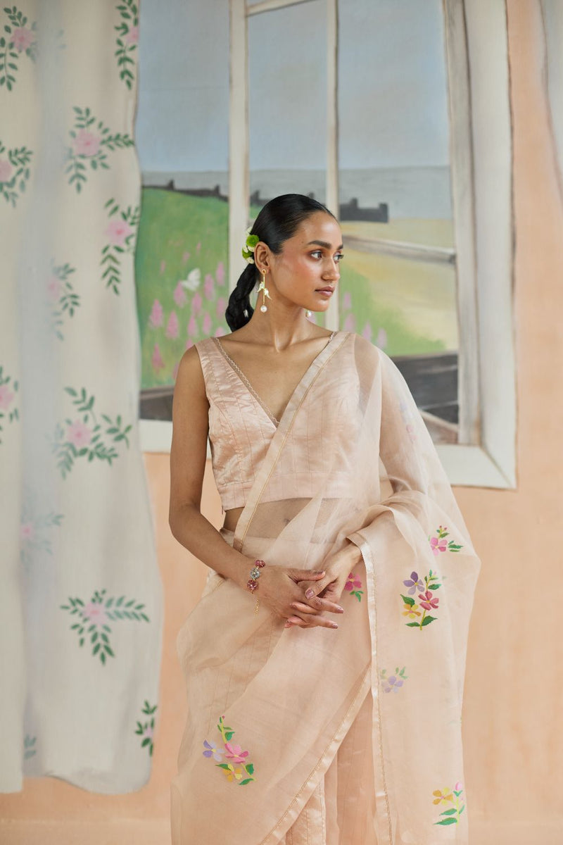 Soft Whisper Jamdani Sari organza by Nadiya Paar in peach color for women Worldwide