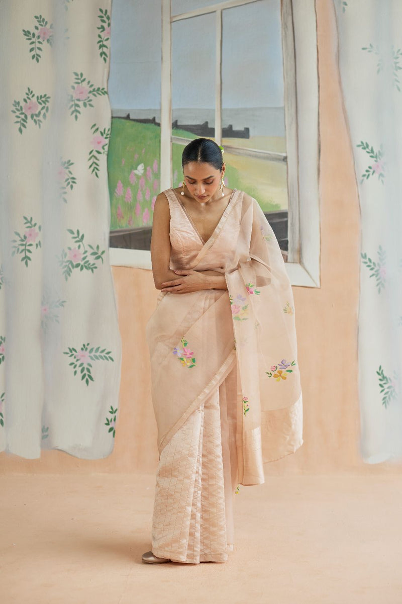 Soft Whisper Jamdani Sari organza by Nadiya Paar in peach color for women Worldwide