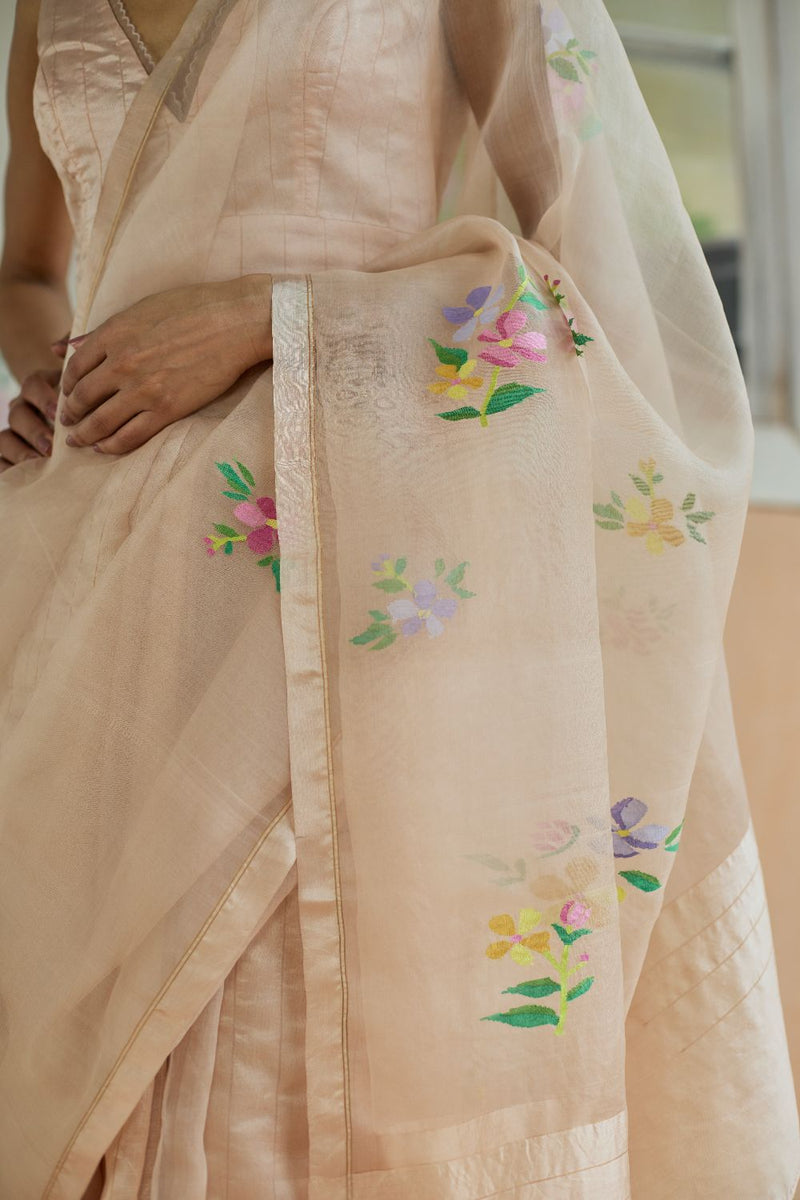 Soft Whisper Jamdani Sari organza by Nadiya Paar in peach color for women Worldwide