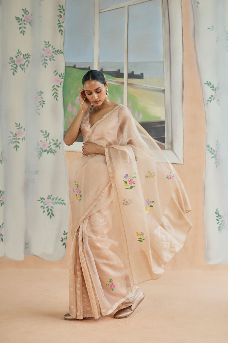 Soft Whisper Jamdani Sari organza by Nadiya Paar in peach color for women Worldwide