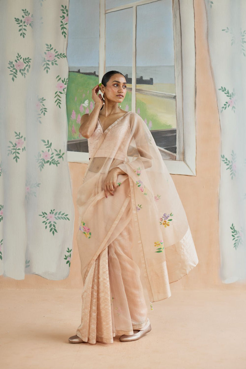 Soft Whisper Jamdani Sari organza by Nadiya Paar in peach color for women Worldwide