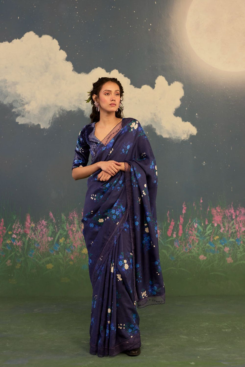 Blue Morning Glory Mulberry Silk Sari silk by Nadiya Paar in blue color for women Worldwide
