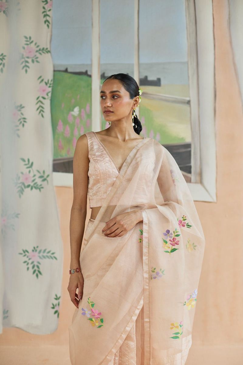 Soft Whisper Jamdani Sari organza by Nadiya Paar in peach color for women Worldwide