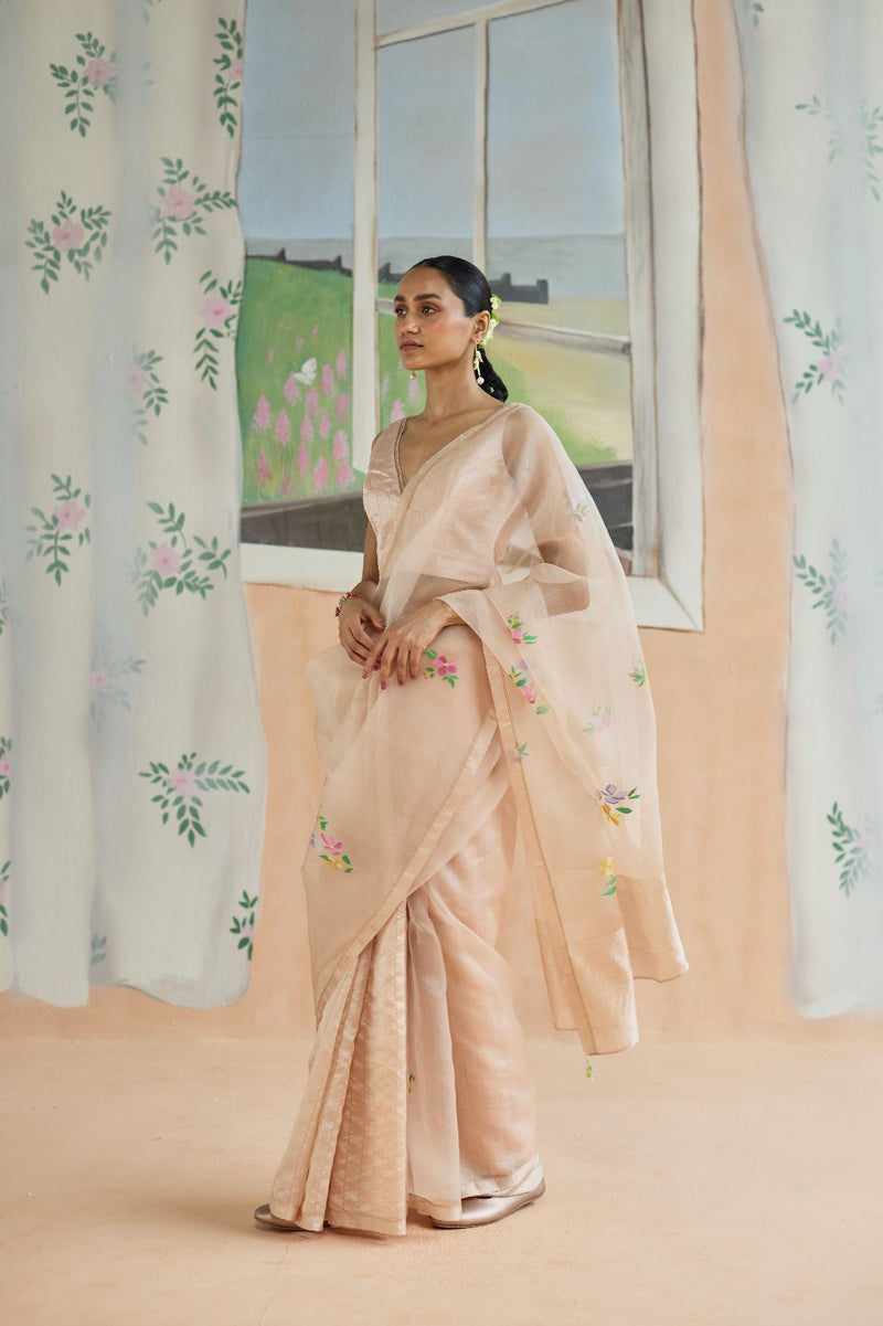 Soft Whisper Jamdani Sari organza by Nadiya Paar in peach color for women Worldwide
