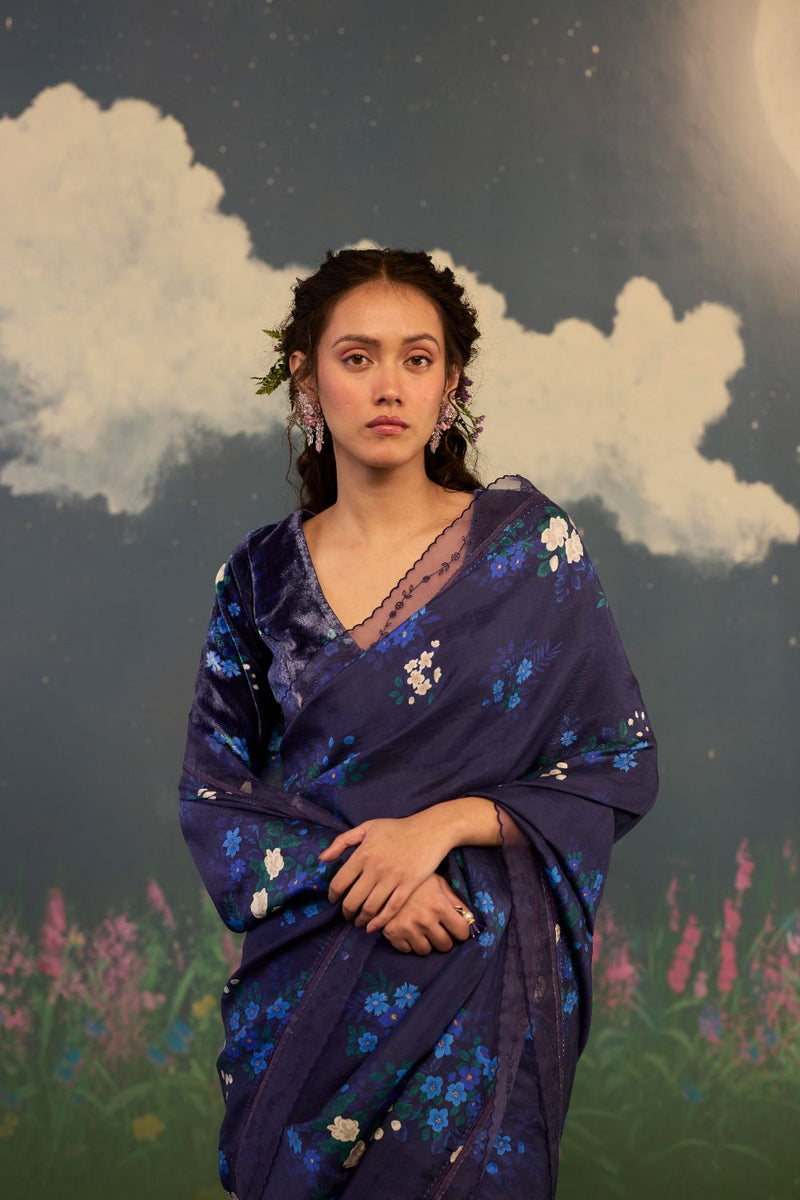 Blue Morning Glory Mulberry Silk Sari silk by Nadiya Paar in blue color for women Worldwide