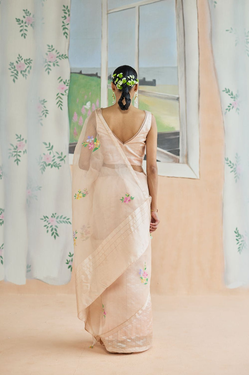 Soft Whisper Jamdani Sari organza by Nadiya Paar in peach color for women Worldwide