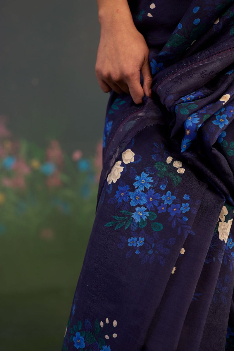 Blue Morning Glory Mulberry Silk Sari silk by Nadiya Paar in blue color for women Worldwide