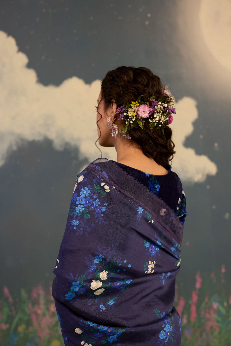 Blue Morning Glory Mulberry Silk Sari silk by Nadiya Paar in blue color for women Worldwide