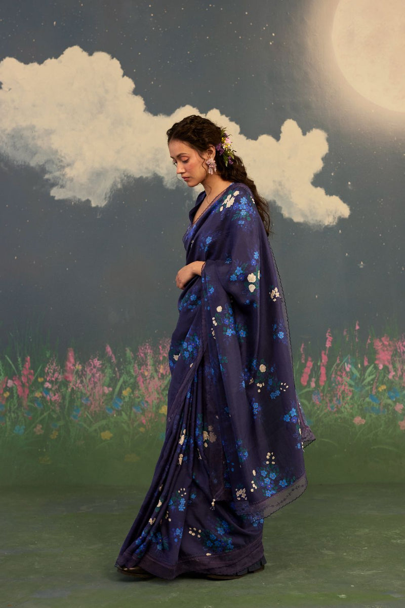 Blue Morning Glory Mulberry Silk Sari silk by Nadiya Paar in blue color for women Worldwide