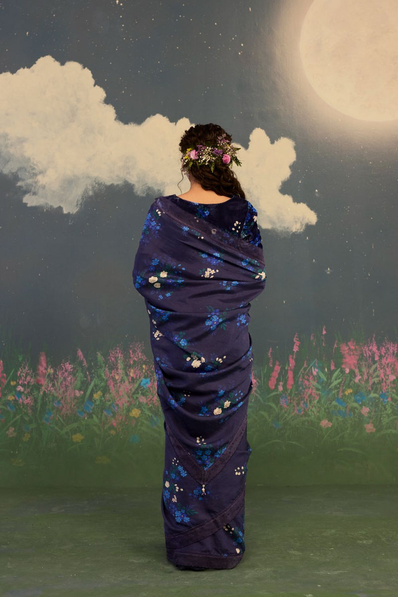 Blue Morning Glory Mulberry Silk Sari silk by Nadiya Paar in blue color for women Worldwide