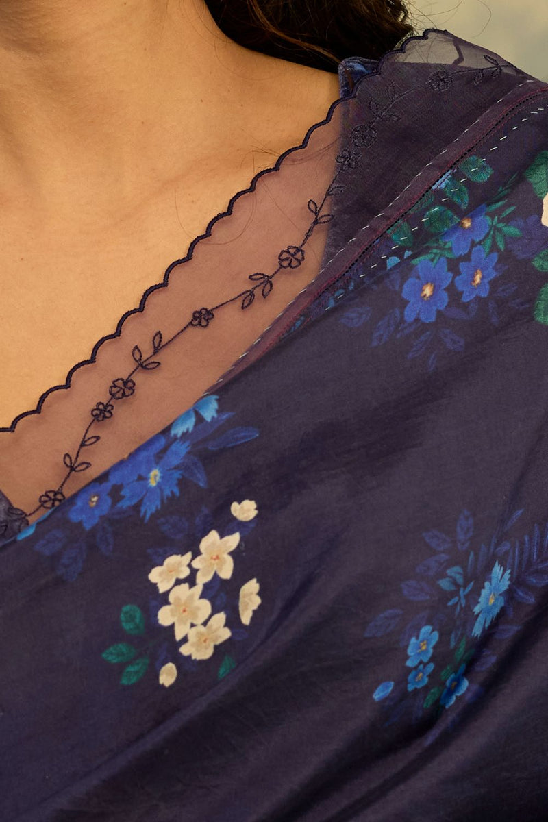 Blue Morning Glory Mulberry Silk Sari silk by Nadiya Paar in blue color for women Worldwide