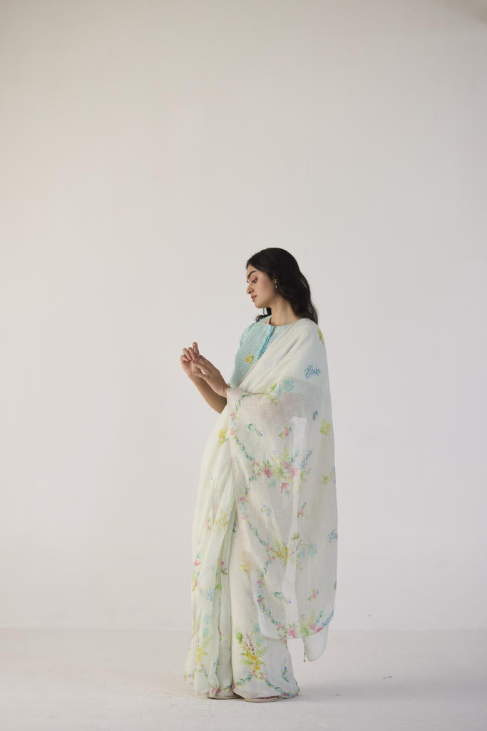 River Bank Linen Sari by Nadiya Paar in white color for women Worldwide