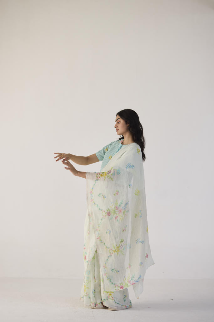 River Bank Linen Sari by Nadiya Paar in white color for women Worldwide