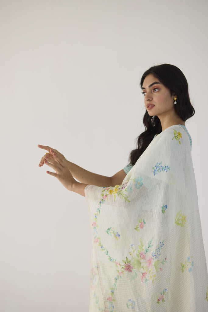 River Bank Linen Sari by Nadiya Paar in white color for women Worldwide