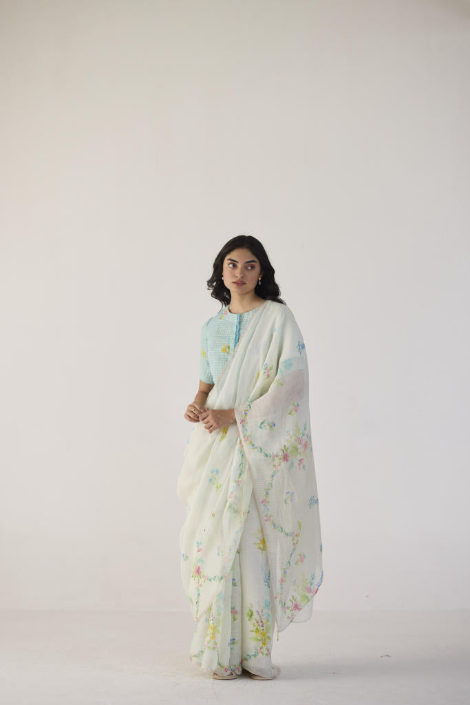River Bank Linen Sari by Nadiya Paar in white color for women Worldwide