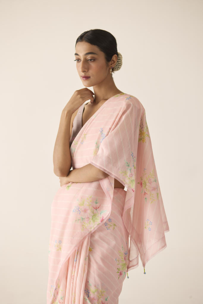 Wildflower Bunch Silk and Cotton Chanderi Sari silk by Nadiya Paar in pink color for women Worldwide