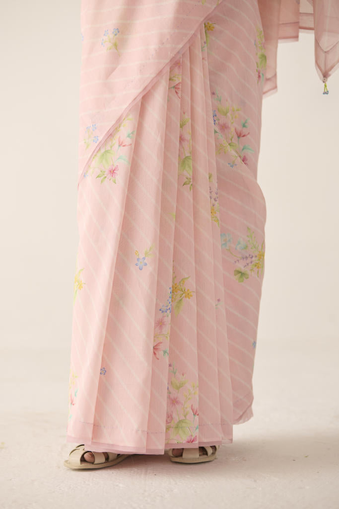 Wildflower Bunch Silk and Cotton Chanderi Sari silk by Nadiya Paar in pink color for women Worldwide