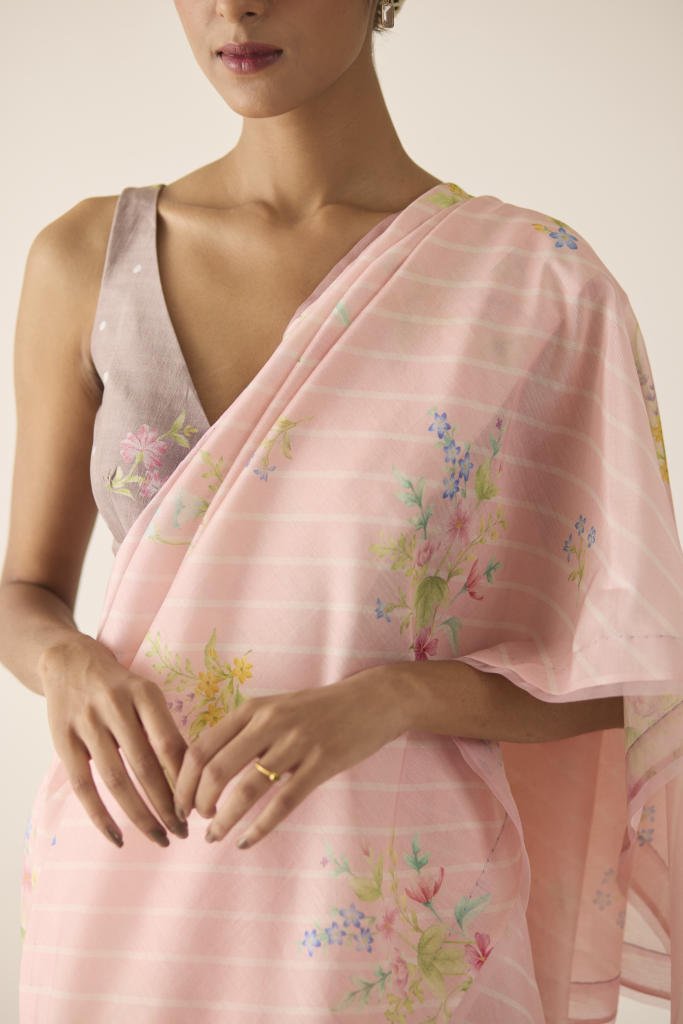 Wildflower Bunch Silk and Cotton Chanderi Sari silk by Nadiya Paar in pink color for women Worldwide
