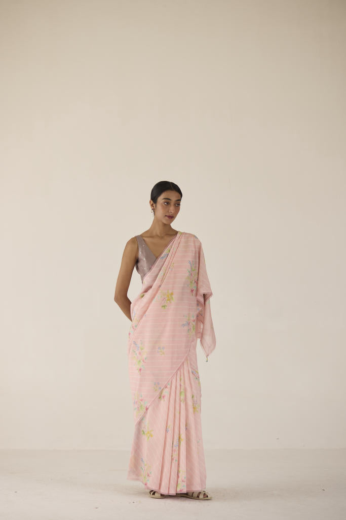 Wildflower Bunch Silk and Cotton Chanderi Sari silk by Nadiya Paar in pink color for women Worldwide