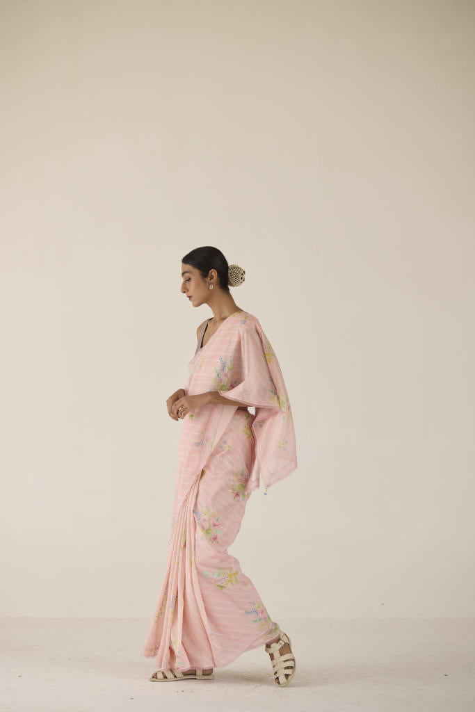Wildflower Bunch Silk and Cotton Chanderi Sari silk by Nadiya Paar in pink color for women Worldwide