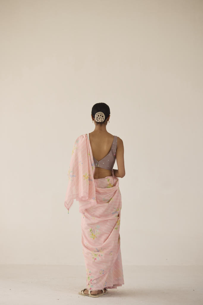 Wildflower Bunch Silk and Cotton Chanderi Sari silk by Nadiya Paar in pink color for women Worldwide