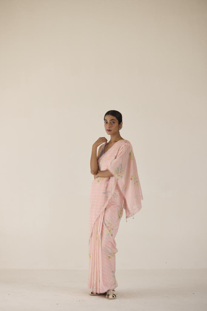 Wildflower Bunch Silk and Cotton Chanderi Sari silk by Nadiya Paar in pink color for women Worldwide
