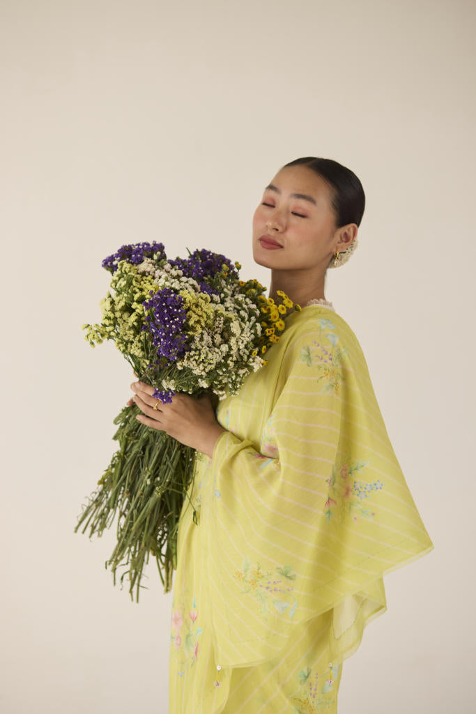 Wildflower Bunch Silk and Cotton Chanderi Sari-Lime silk by Nadiya Paar for women Worldwide