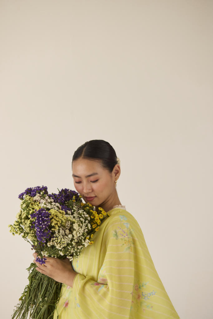 Wildflower Bunch Silk and Cotton Chanderi Sari-Lime silk by Nadiya Paar for women Worldwide