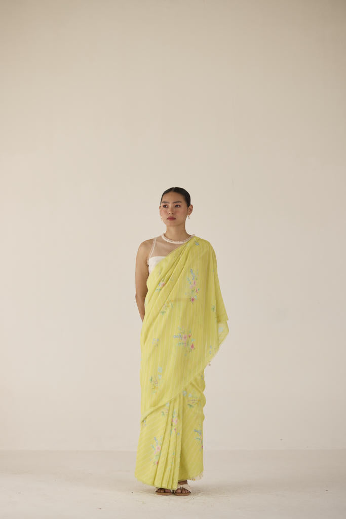 Wildflower Bunch Silk and Cotton Chanderi Sari-Lime