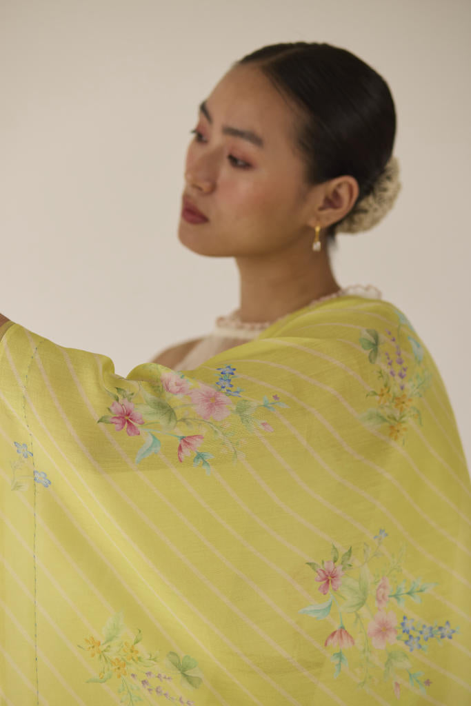 Wildflower Bunch Silk and Cotton Chanderi Sari-Lime silk by Nadiya Paar for women Worldwide