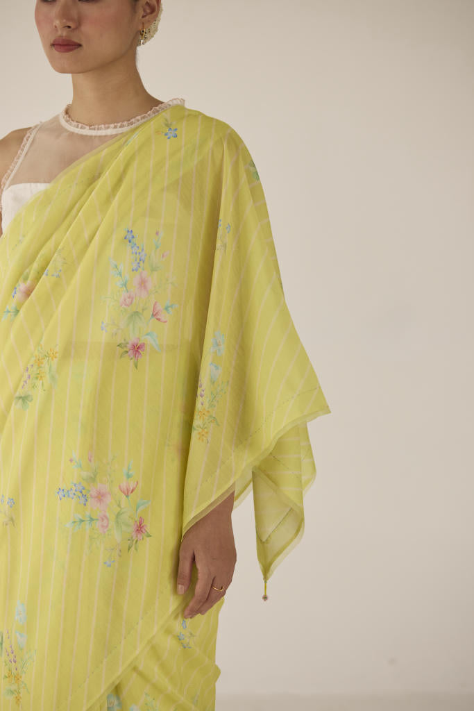 Wildflower Bunch Silk and Cotton Chanderi Sari-Lime silk by Nadiya Paar for women Worldwide