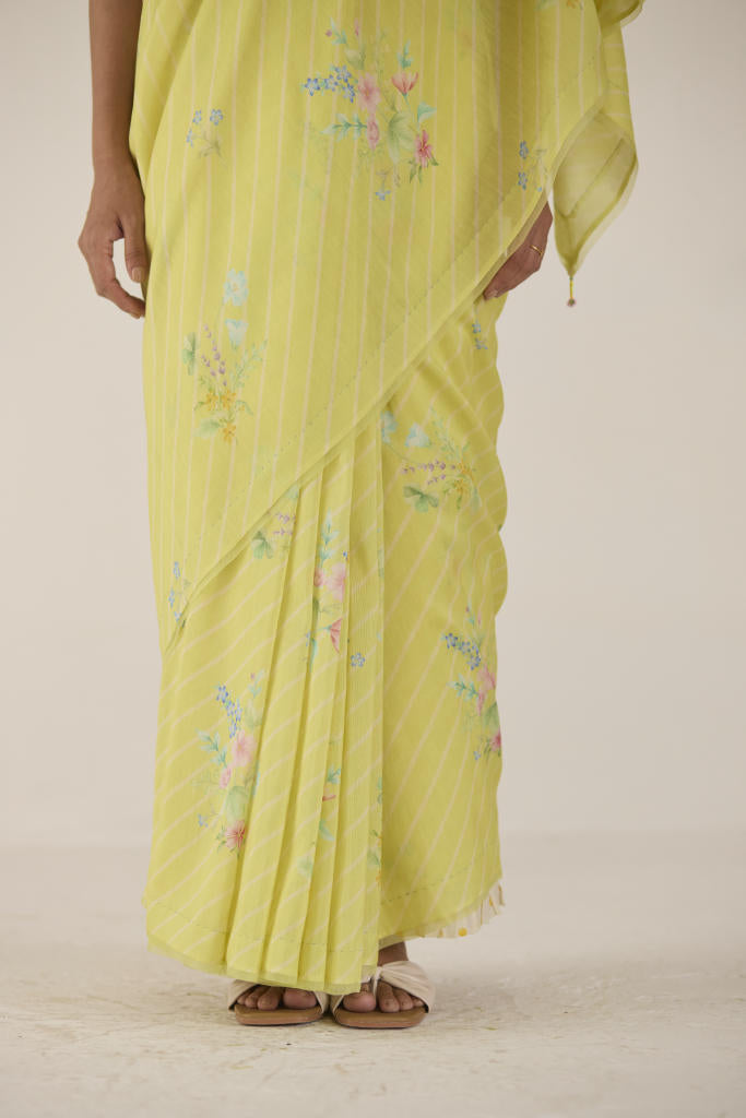 Wildflower Bunch Silk and Cotton Chanderi Sari-Lime silk by Nadiya Paar for women Worldwide