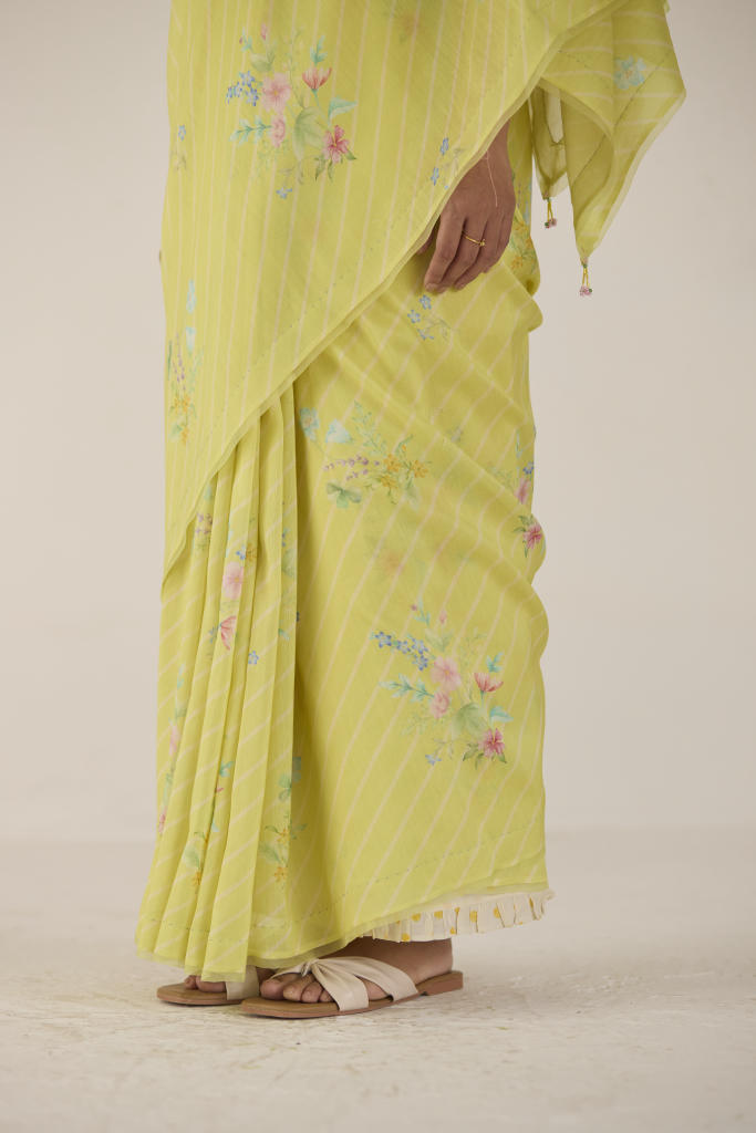 Wildflower Bunch Silk and Cotton Chanderi Sari-Lime silk by Nadiya Paar for women Worldwide